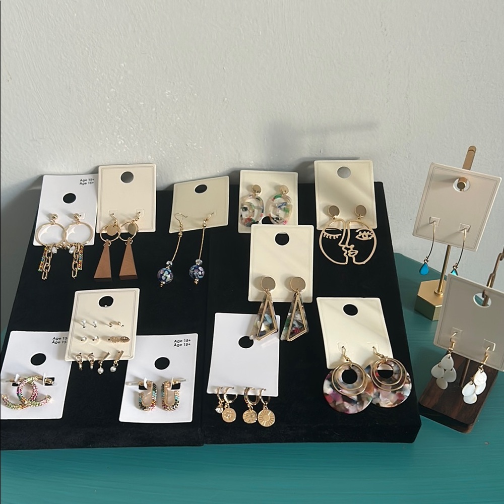 New Colorful Lot of Gold and Rhinestone Earrings Sets - Drop Hoop Studs 19 Pairs